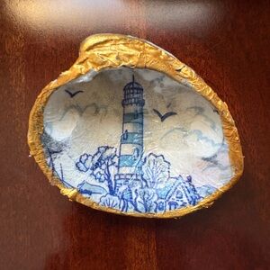Handcrafted Gold and Blue Lighthouse Art Shell